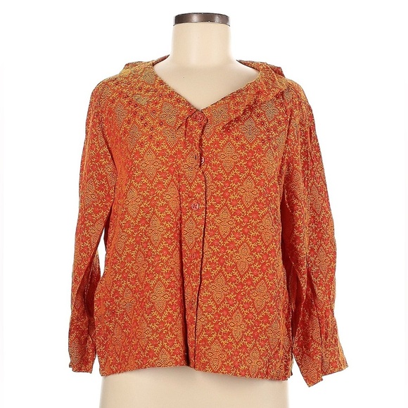 Amy Rigg Orange Floral Embroidered Button Down Blouse Shirt Lagenlook - Picture 1 of 5